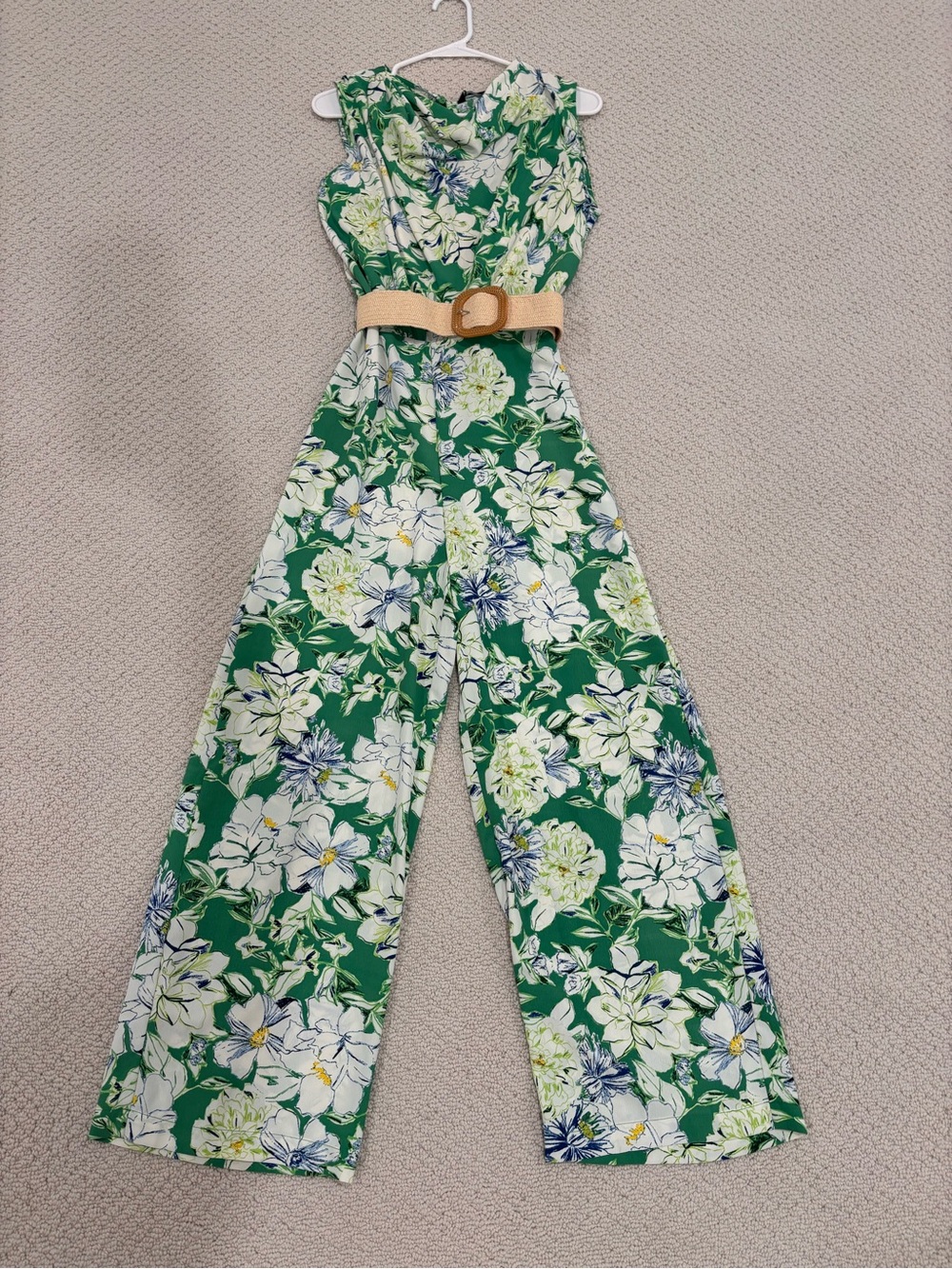 Zara Green Floral Wide-Leg Jumpsuit with Belted Waist